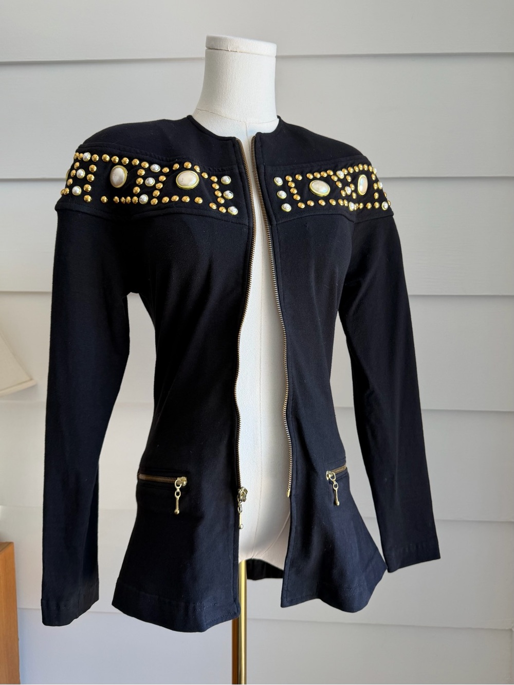 Vintage 90s Black Embellished Zip-Up Jacket with Gold Studs & Faux Pearls